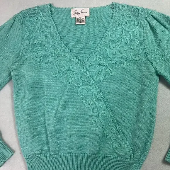 Jaclyn Smith Sweater Womens S Embroidered Turquoise Knit V-Neck Sweater Vintage - Picture 3 of 10